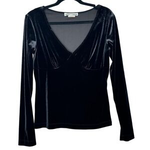 Boston Proper Velvet Top Long Sleeve Black V Neck Fitted Blouse S/M Whimsical‎